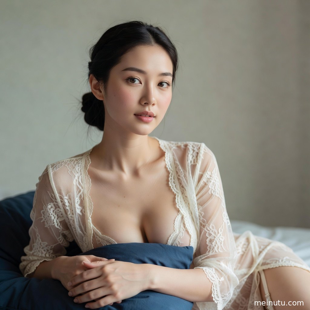 窗纱前的内衣美女以低角度入镜，光线温柔呈现私房照质感
