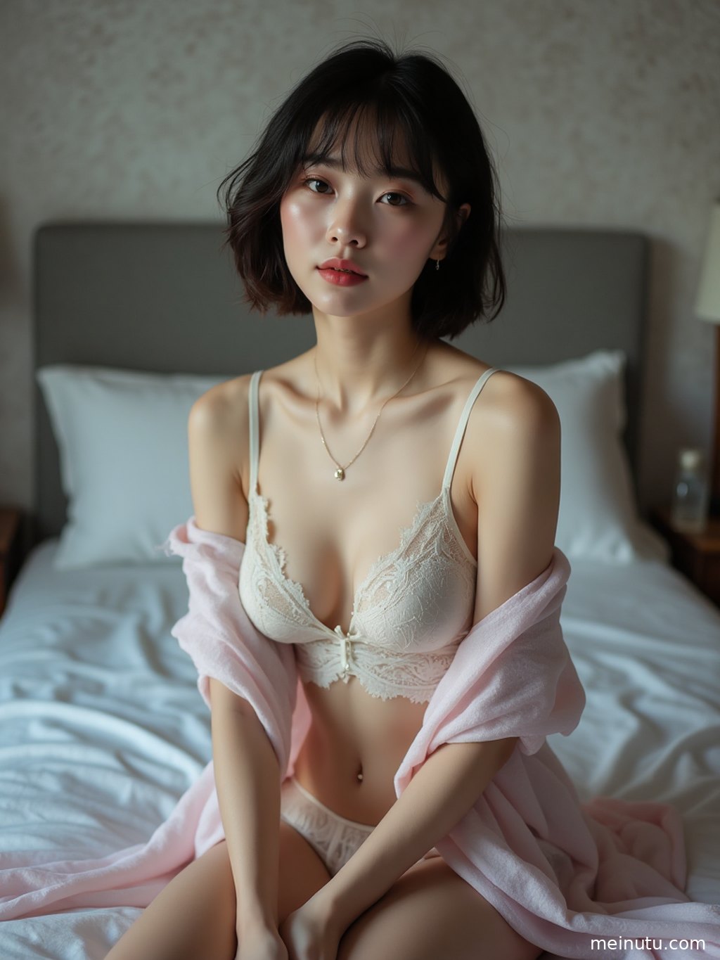Adult Asian lingerie model looking back gently as warm window light outlines her silhouette.