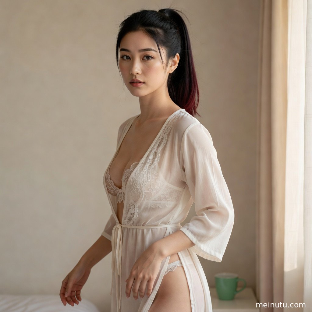 女性身着蕾丝内衣倚靠沙发，暖色侧光勾勒居家写真质感。