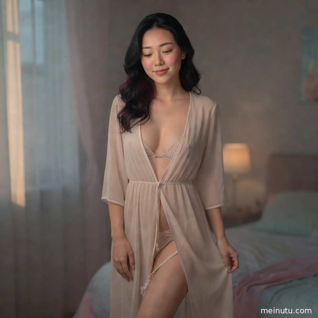 窗帘旁的亚洲女性私房照采用全身构图，暖色侧光突出优雅身形。