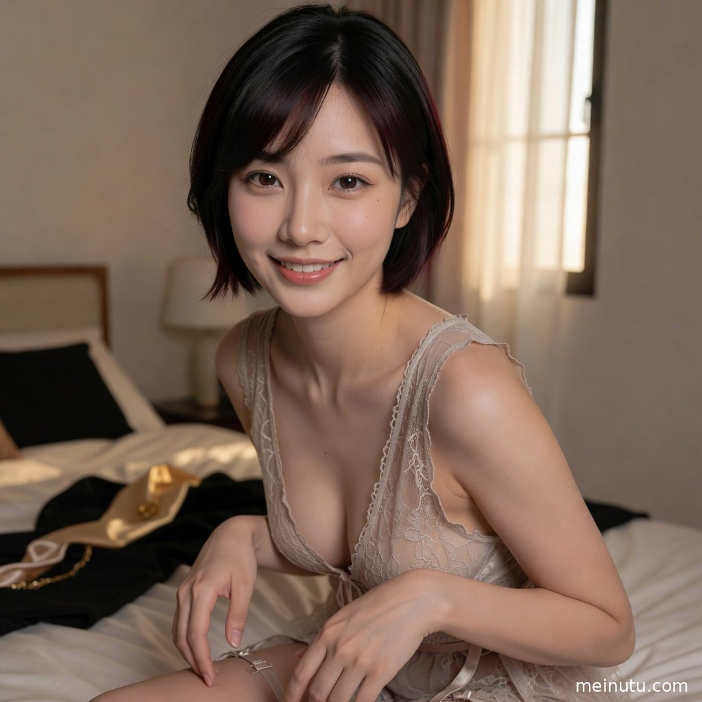 室内暖光中的蕾丝内衣私房照，画面突出腿部曲线与柔美气质。