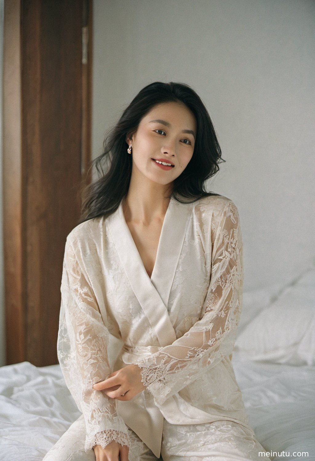 Full-body street portrait of an Asian adult woman, emphasizing outfit texture and natural boudoir photography styling.