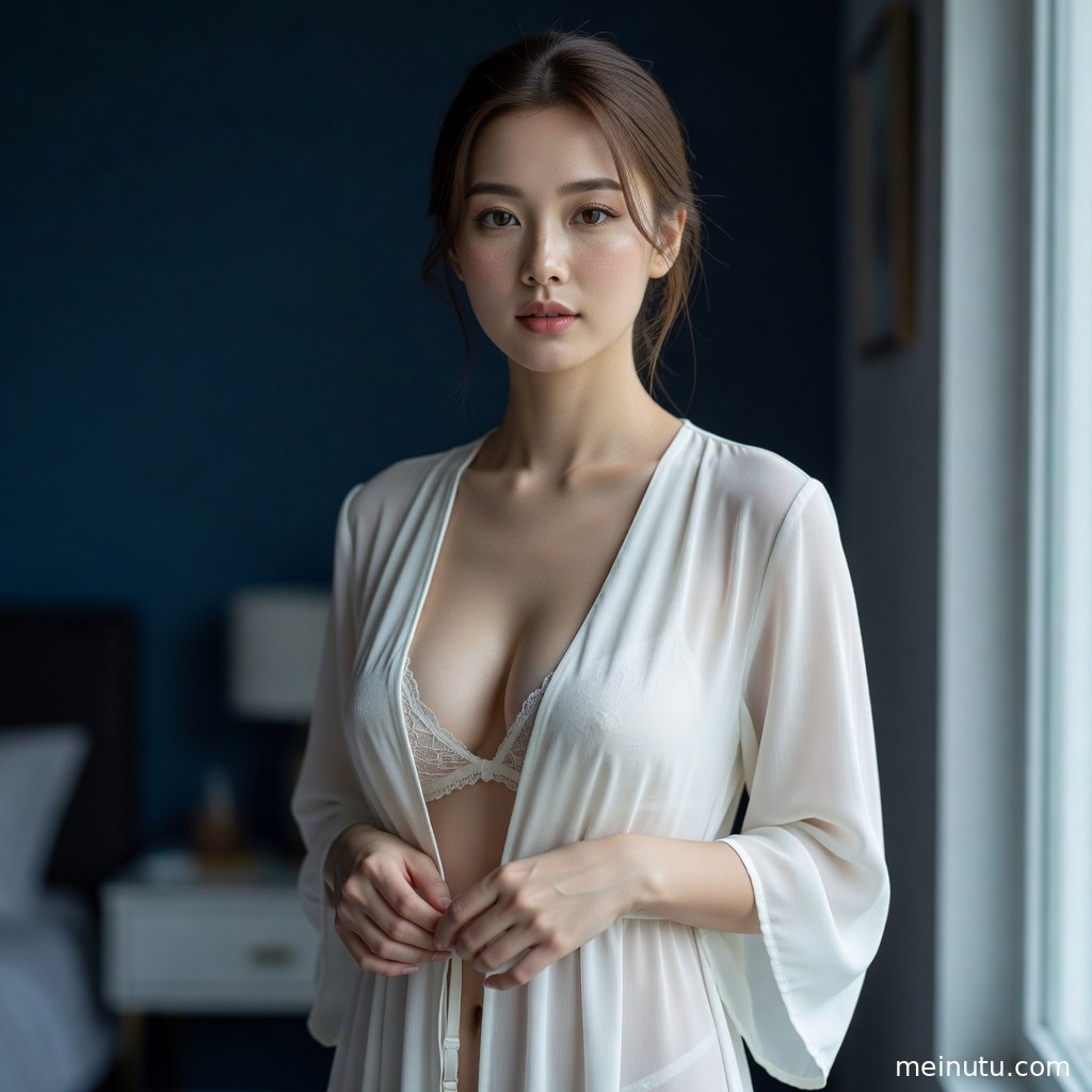 窗帘柔光洒在年轻成年女性身上，蕾丝内衣与暗调背景突出私房照质感。
