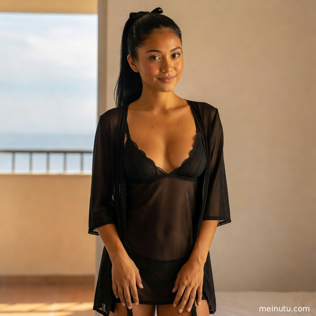 latina欧美风情成年女性在浅色卧室中侧身入镜，三分法构图呈现居家写真质感。