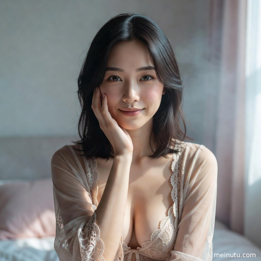 Lingerie model seated near a window with warm shadows and elegant boudoir photography mood.