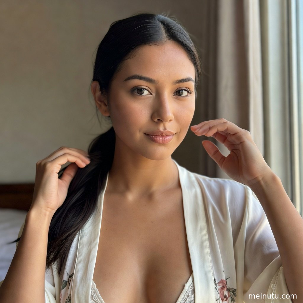 latina气质成年女子半身构图私房照，窗光映出柔和肌肤质感。