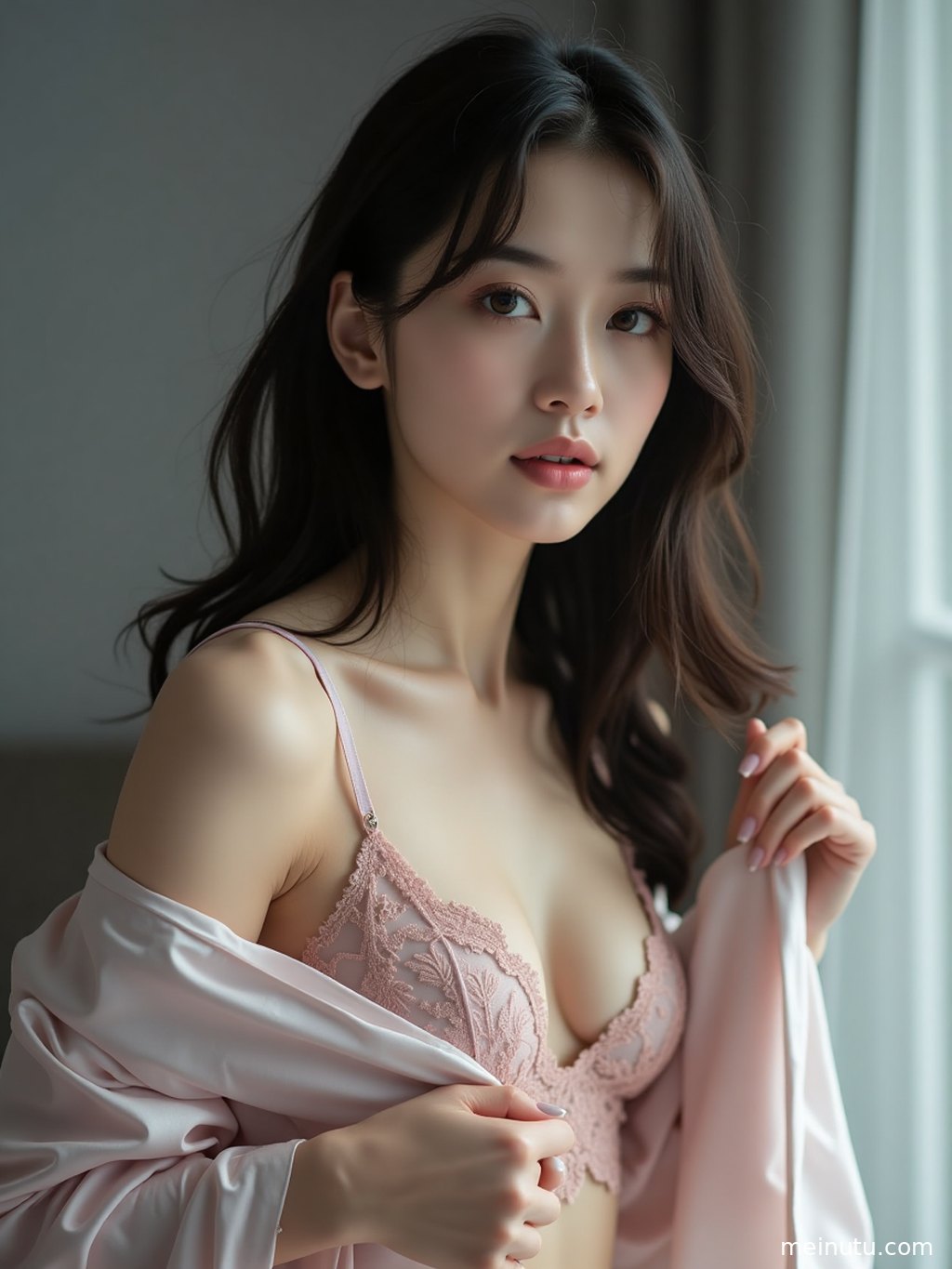 Natural light outlines an adult woman’s elegant figure against a clean studio background.