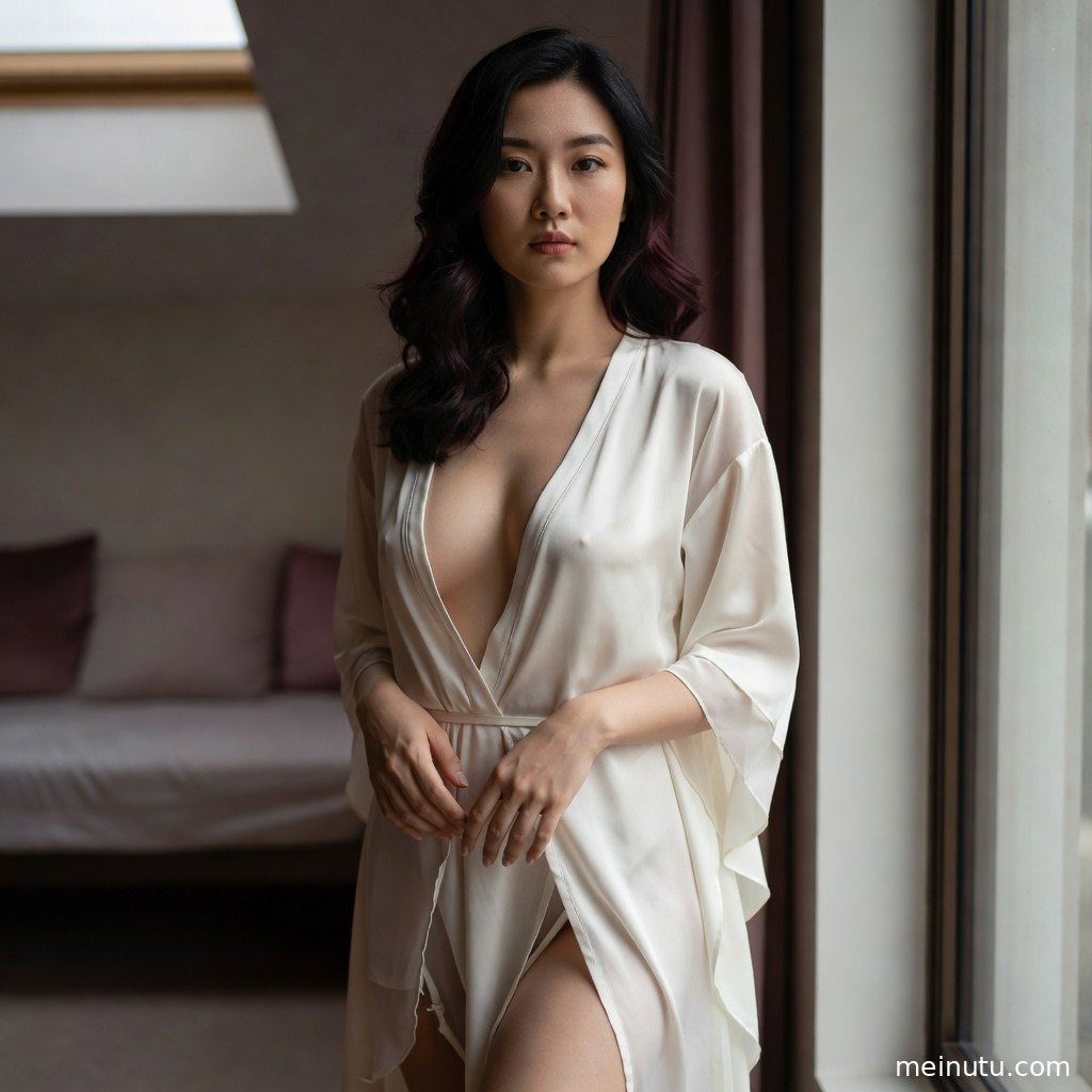 窗边柔光洒落在年轻成年女性肩颈与腰线，营造安静私房照氛围。