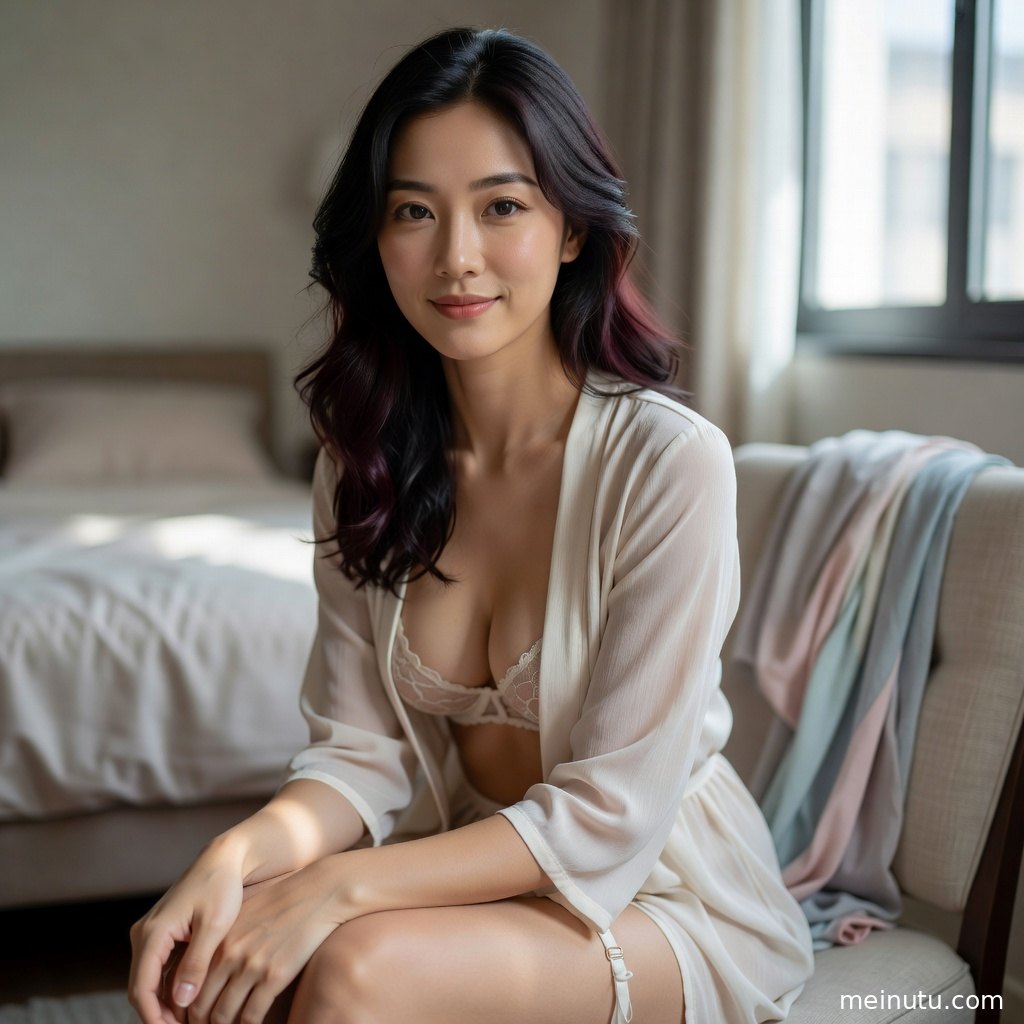 蕾丝内衣与浅色室内背景结合，展现成年女性曲线写真和高清人像质感。