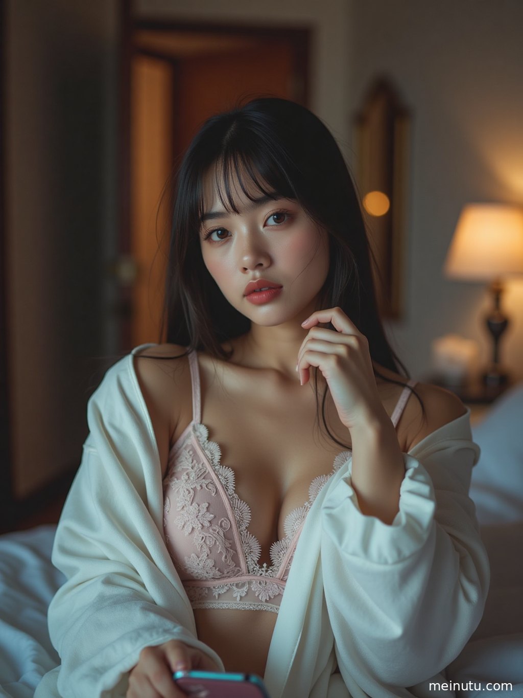 Asian model standing near courtyard greenery, captured in natural light with a fresh portrait mood.