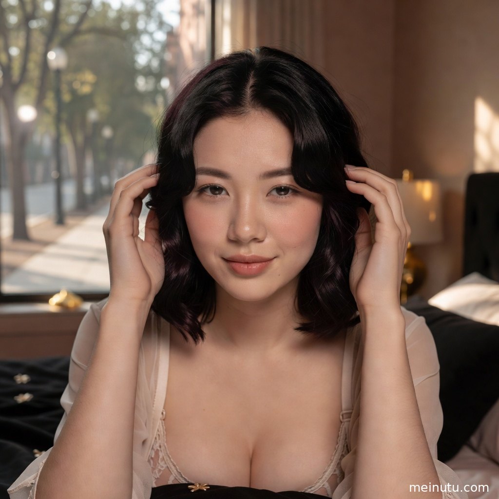 窗帘旁的私房写真画面，年轻成年女性以自然站姿展现温柔居家氛围。