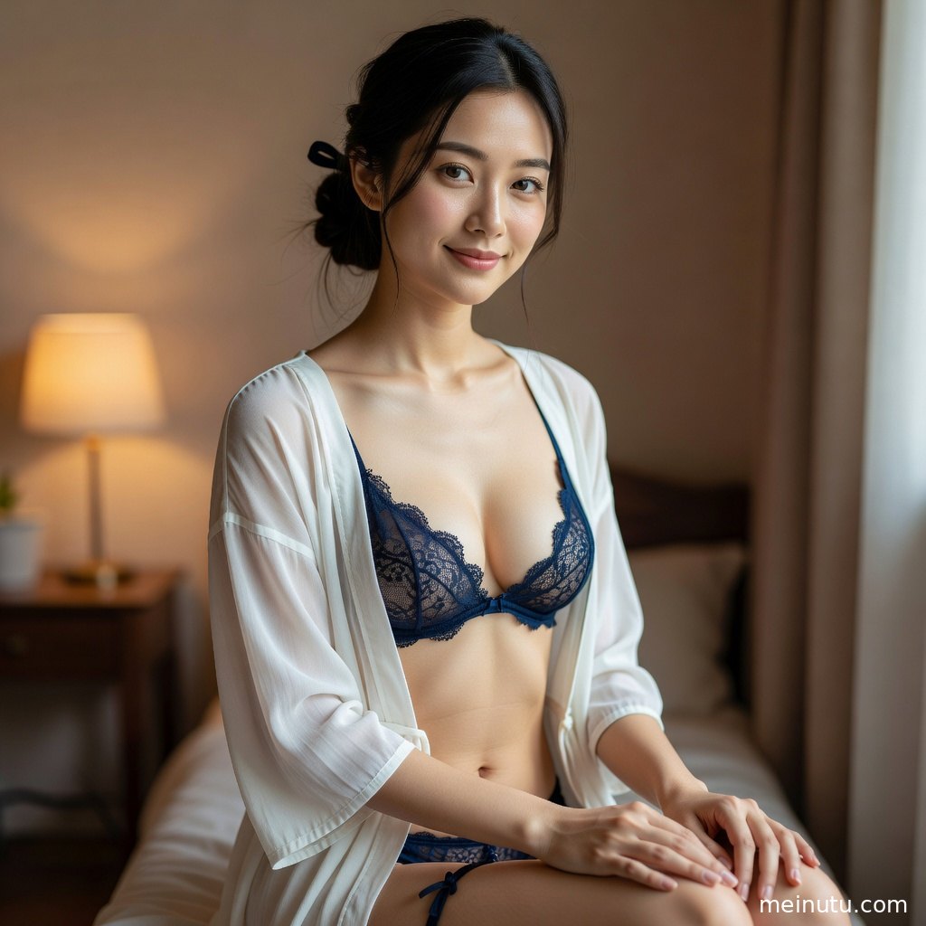 成年女性在窗帘旁进行私房照拍摄，暖调灯影呈现细腻的蕾丝内衣质感。