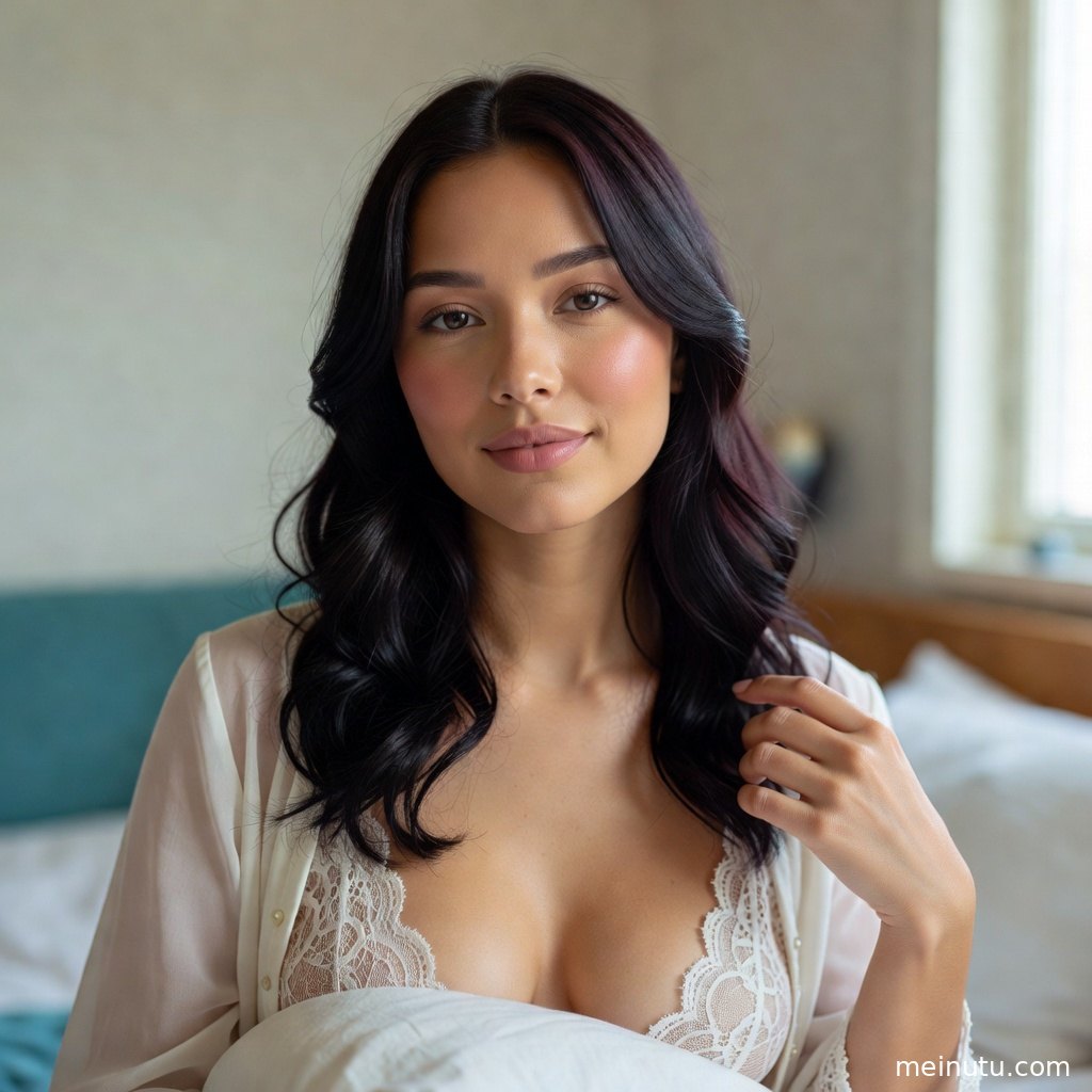 年轻成年女性倚靠浅色床品拍摄私房照，室内柔光营造轻奢质感。