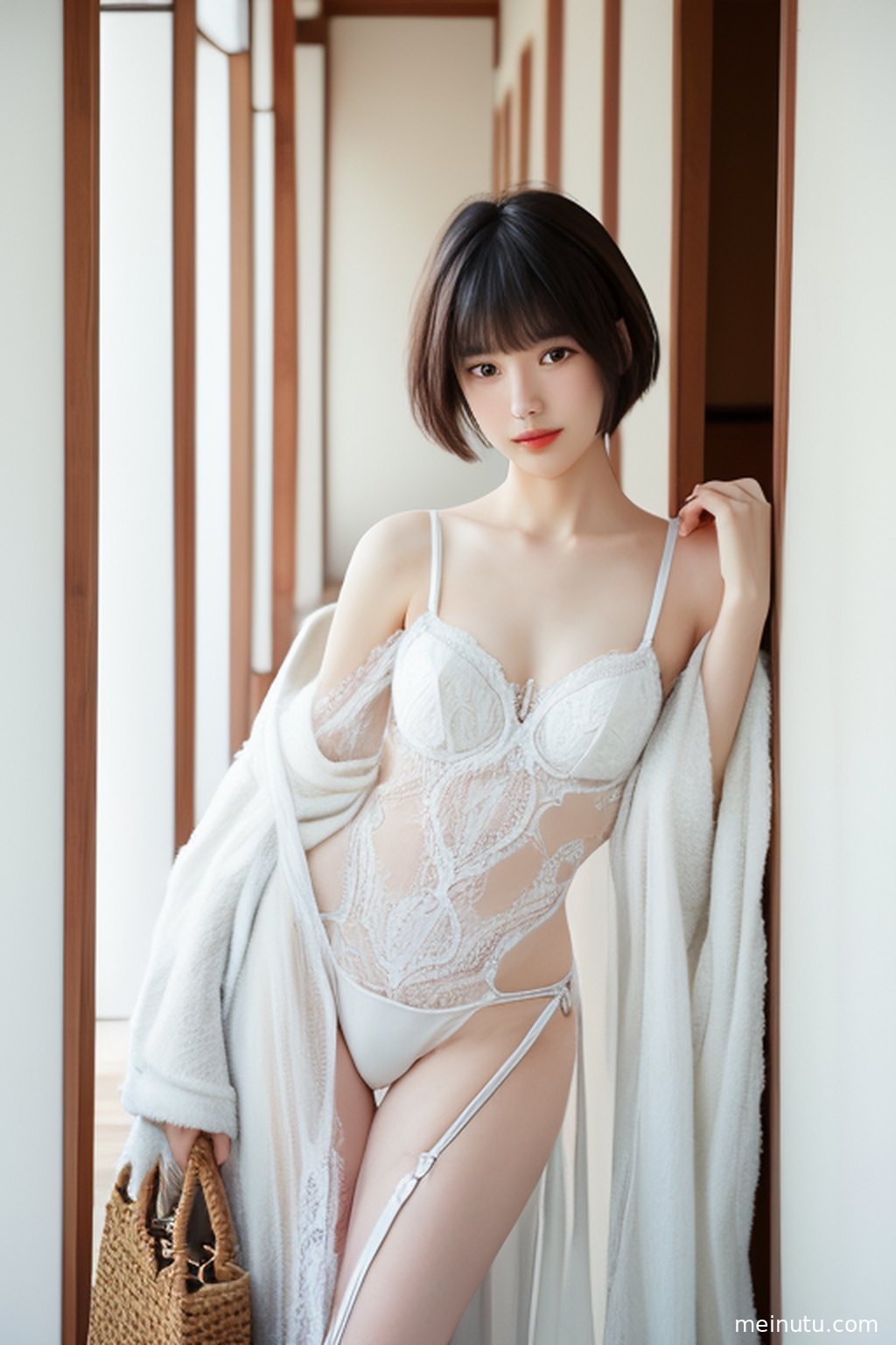An adult asian woman posing in a garden, her elegant curves highlighted by soft cinematic light.