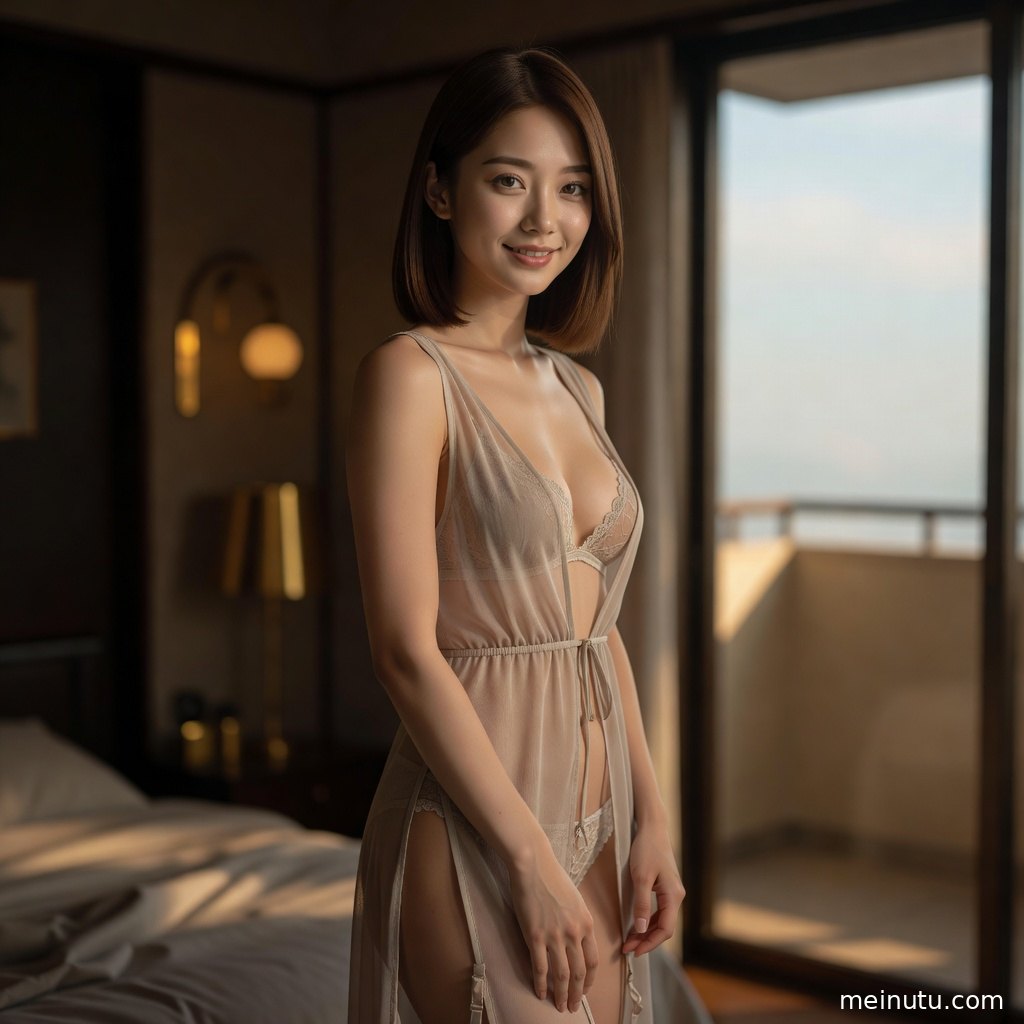 Adult asian woman seated near soft bedding in a private-room lingerie photoshoot with gentle warm tones.