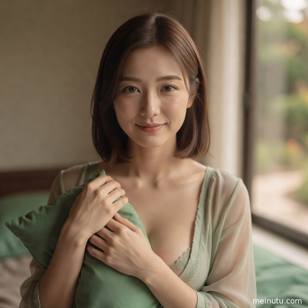 Adult asian woman looking back beside sheer curtains, captured in refined boudoir photography lighting.