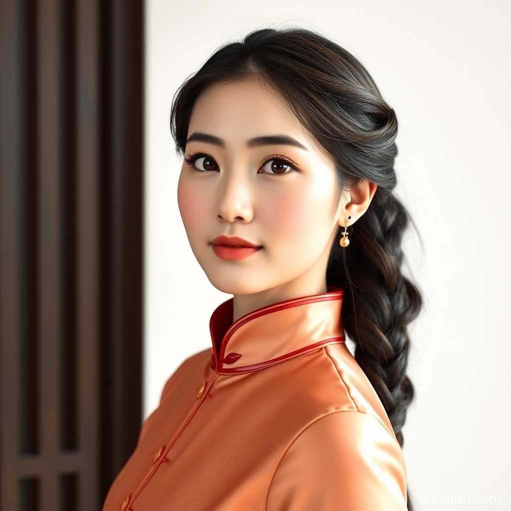 年轻成年女性穿白色蕾丝旗袍站在黄昏暖光中，展现电影感近景人像。
