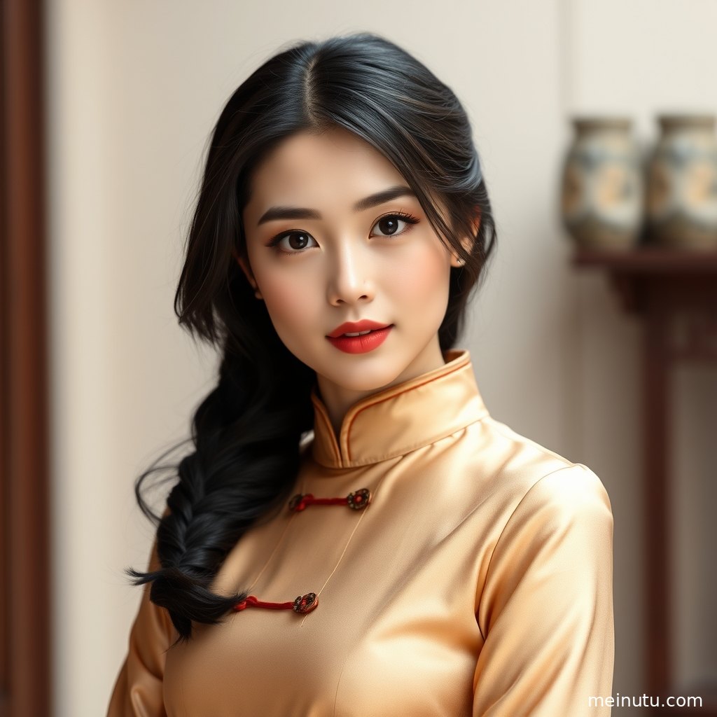 旗袍美女侧身倚在复古窗边，黄昏光线勾勒优雅轮廓。