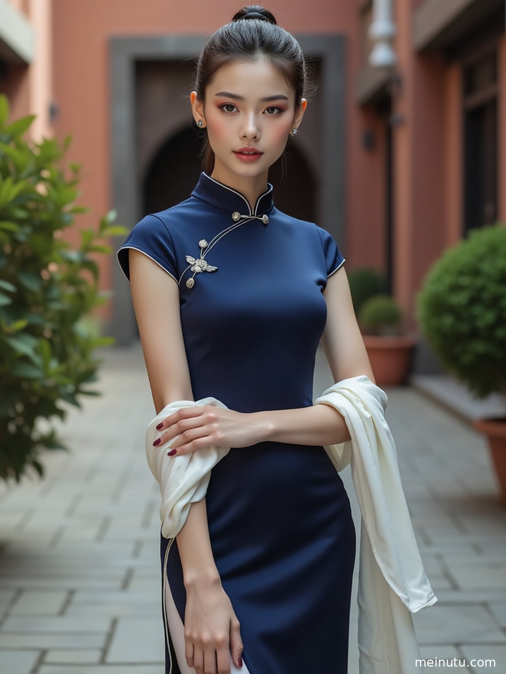 A retro hallway and classic white qipao create an elegant East Asian portrait atmosphere.