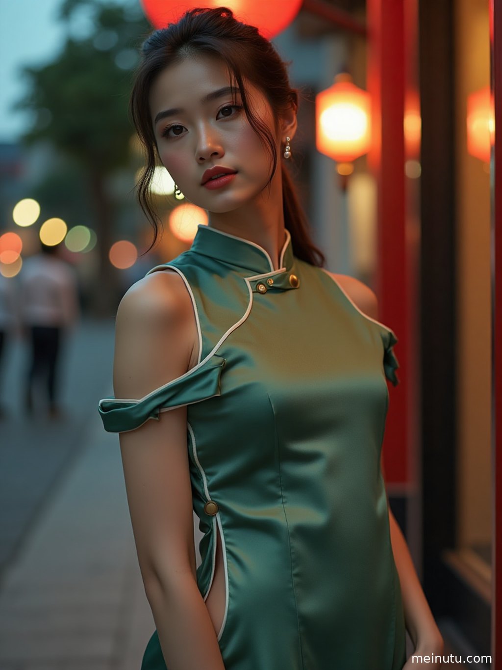 Rule-of-thirds composition highlights an adult Chinese woman in a white qipao photoshoot with refined charm.