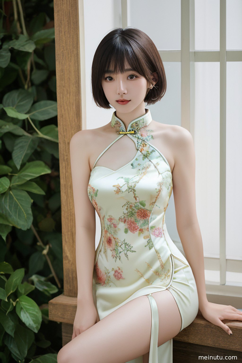 Adult Asian woman in a white qipao cheongsam dress standing in a vintage corridor with soft light and shadow.