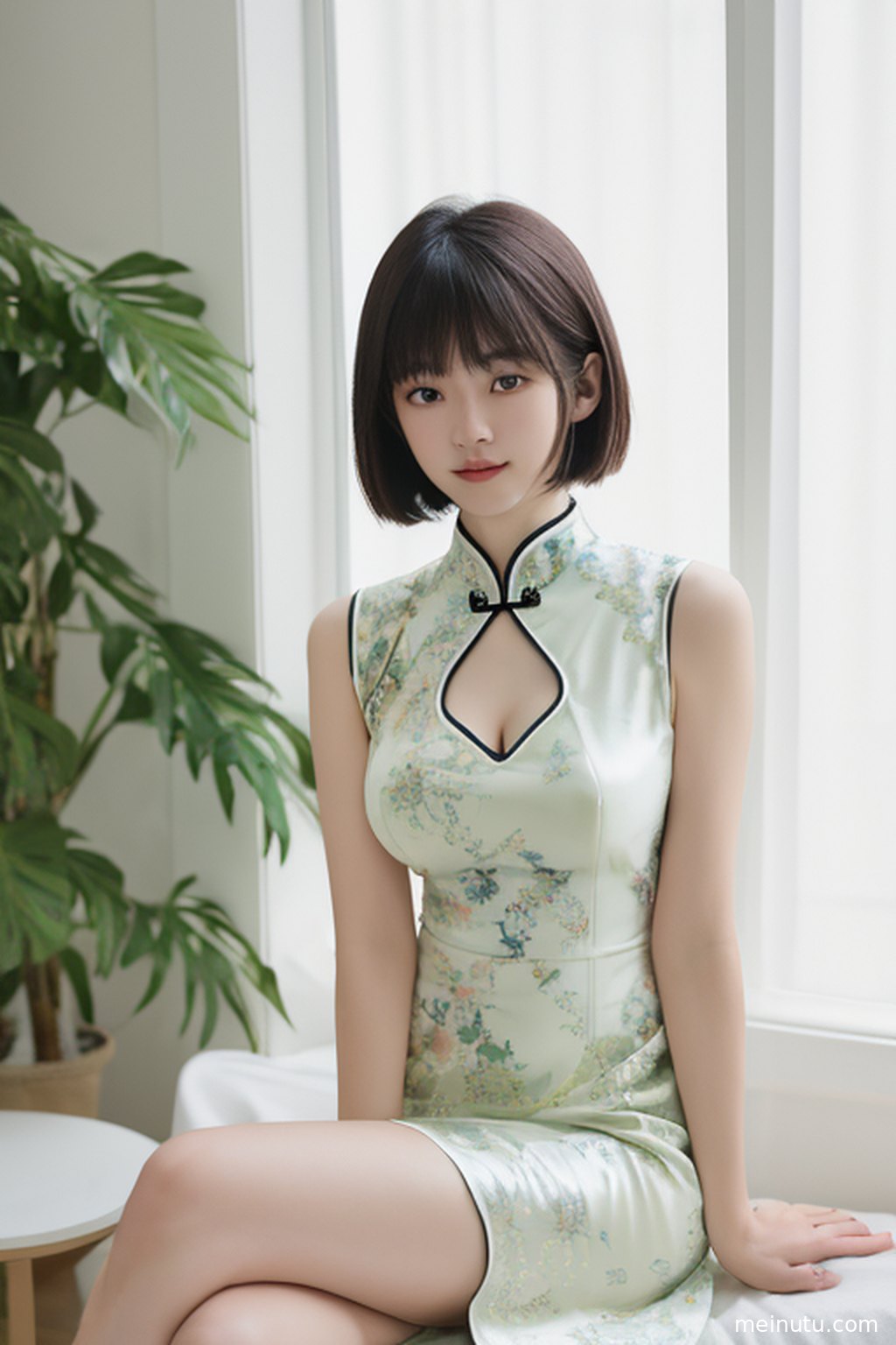 Elegant adult Chinese woman leaning beside a vintage corridor wall while wearing a fitted white qipao dress.
