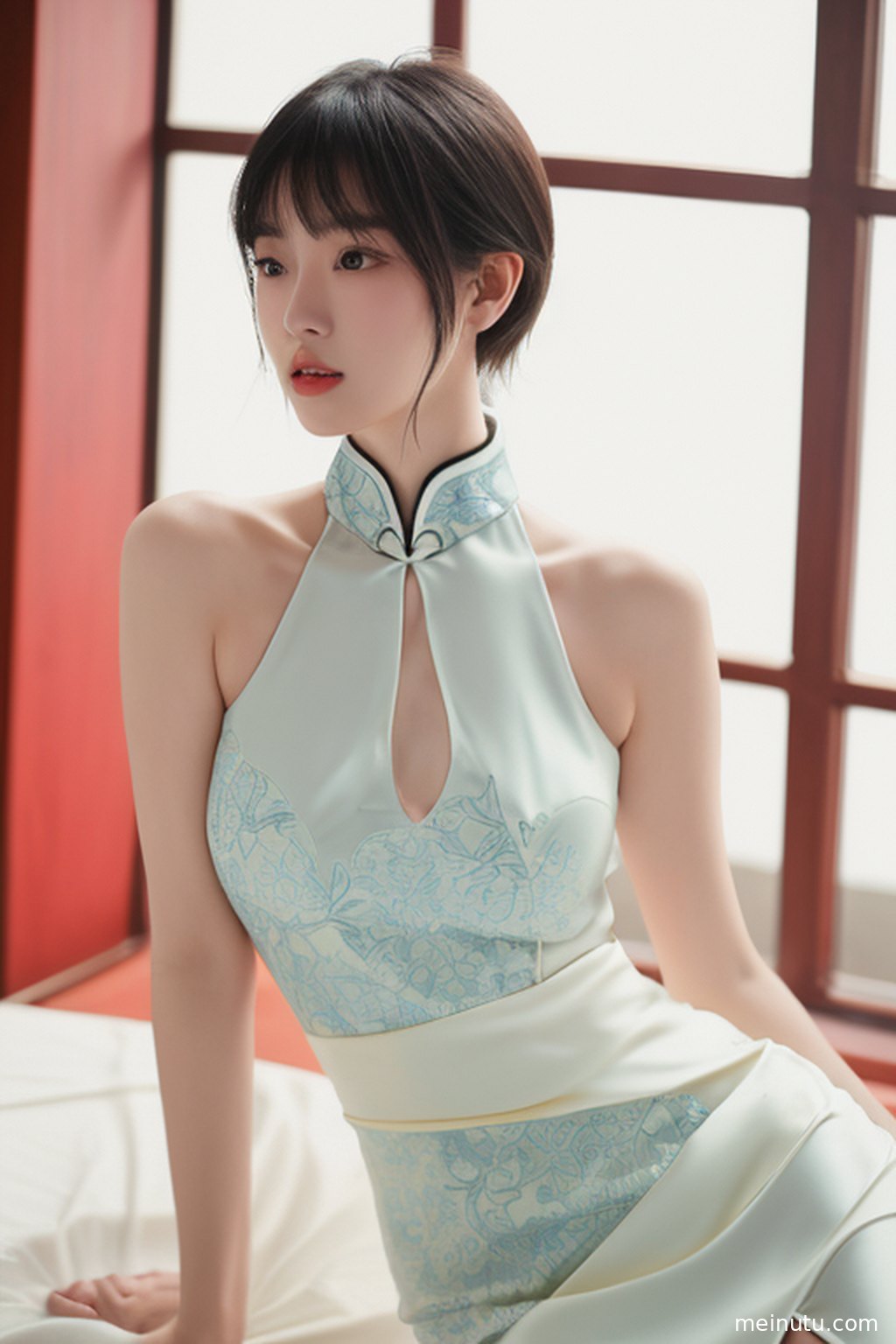 Full-body portrait of an adult Asian model in a white qipao looking back in a softly lit vintage hallway.