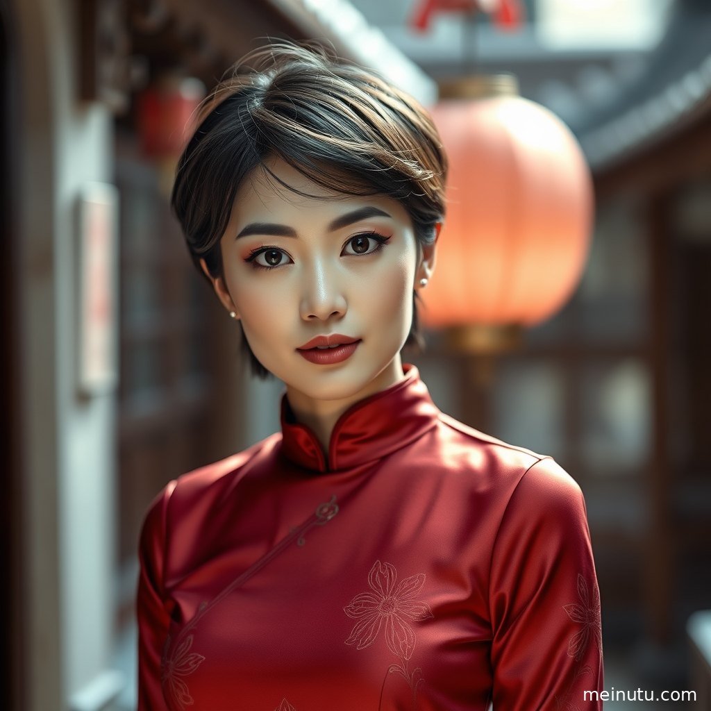 白色旗袍美女在花丛前低角度取景，裙摆线条与绿叶前景形成柔美层次。