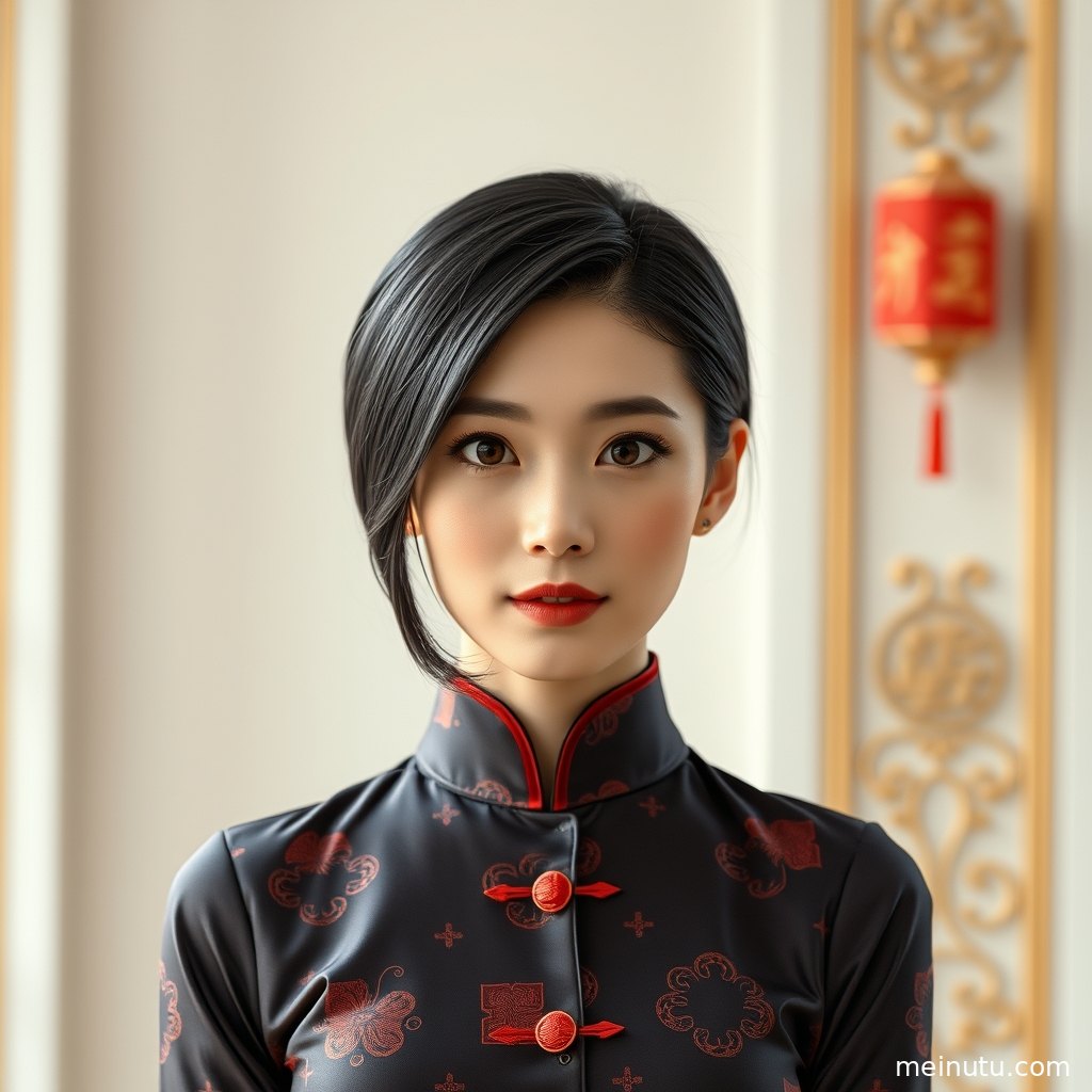 花园柔光中的旗袍美女侧身回望，白色旗袍展现含蓄优雅的东方气质。