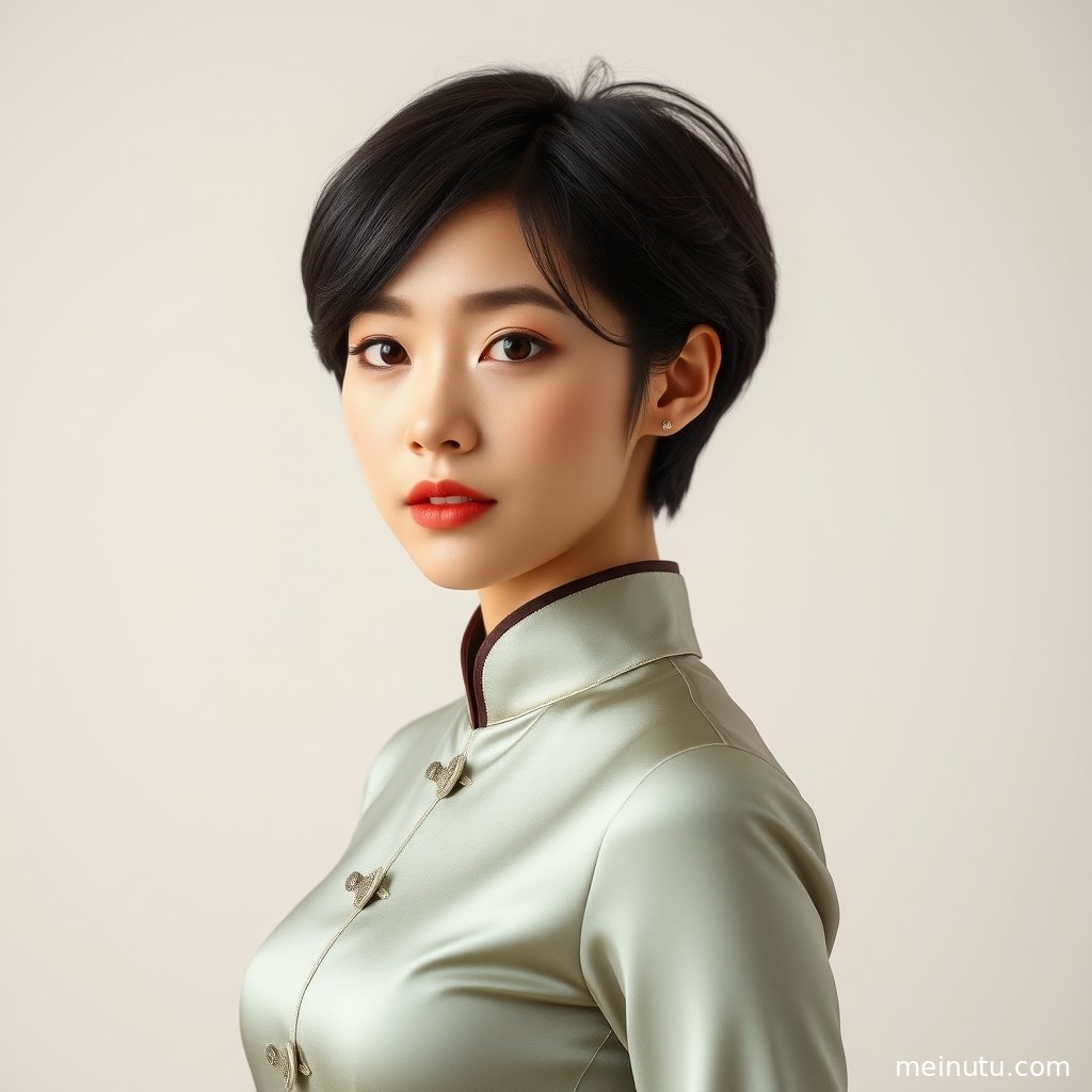 逆光花园场景下的白色旗袍美女写真，低角度构图突出修长姿态与细腻画质。