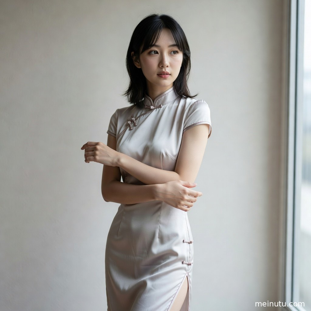 电影感光影下的黑色旗袍写真呈现安静、复古而高级的室内氛围。