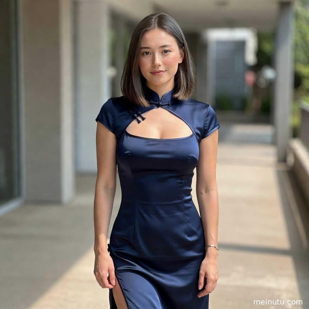 海风中的旗袍美女以复古发型回望镜头，夕阳暖光映出柔和海岸氛围。