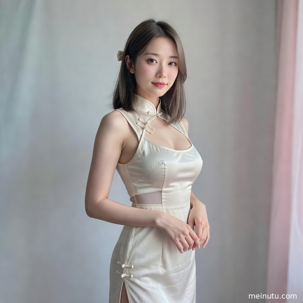 复古旗袍发型写真采用全身构图，海浪、沙滩与暖调光影营造高级人像感。