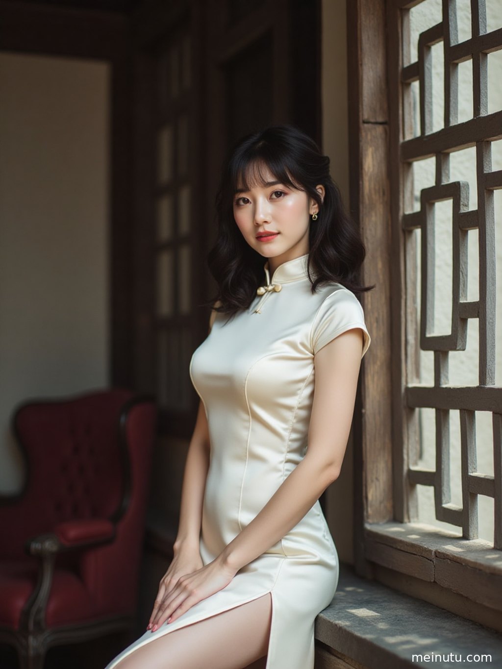 An adult asian woman in a vintage qipao turns back in a garden with dappled cinematic light.