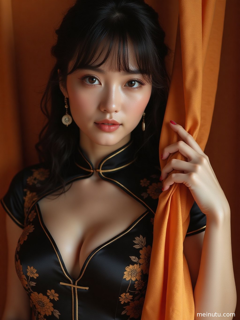 Close-up of a qipao cheongsam dress showing delicate frog buttons and silky fabric texture.