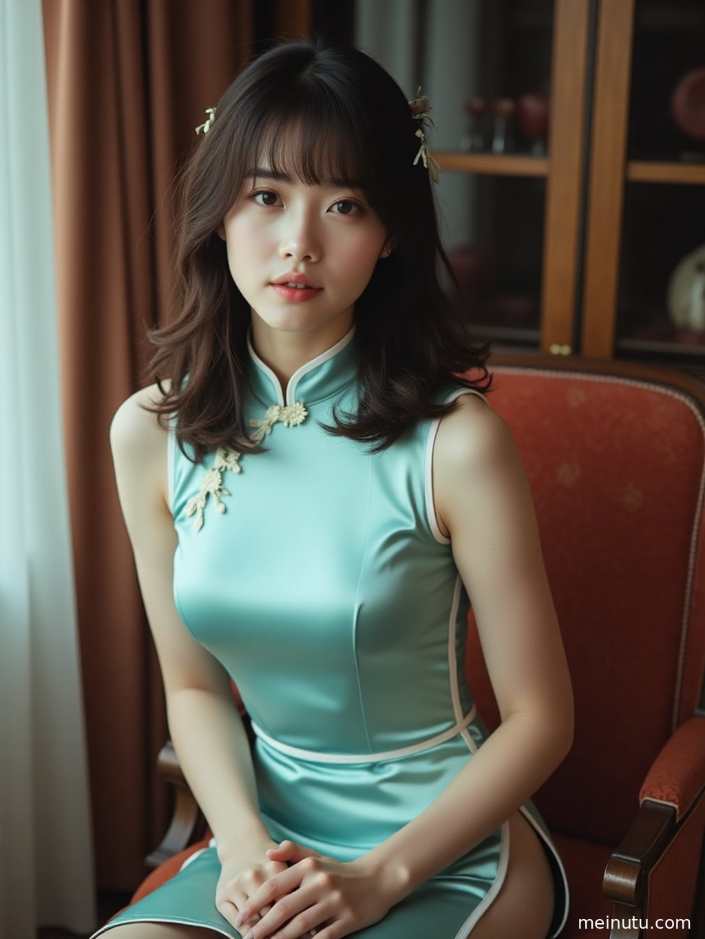 An adult woman in a vintage cheongsam dress poses softly in a quiet garden corner.