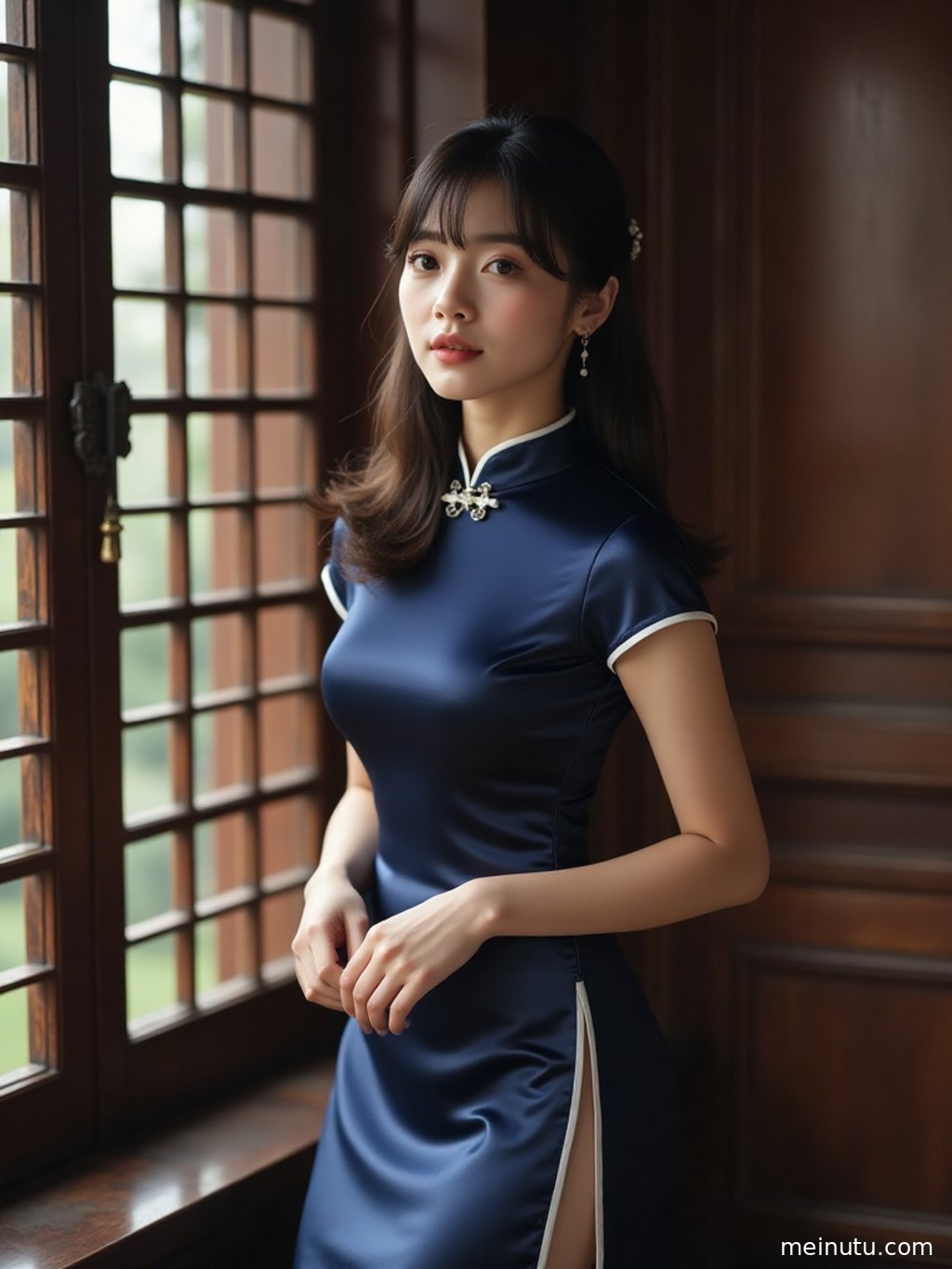 Detailed qipao close-up capturing subtle color shifts, fabric drape, and elegant retro styling.