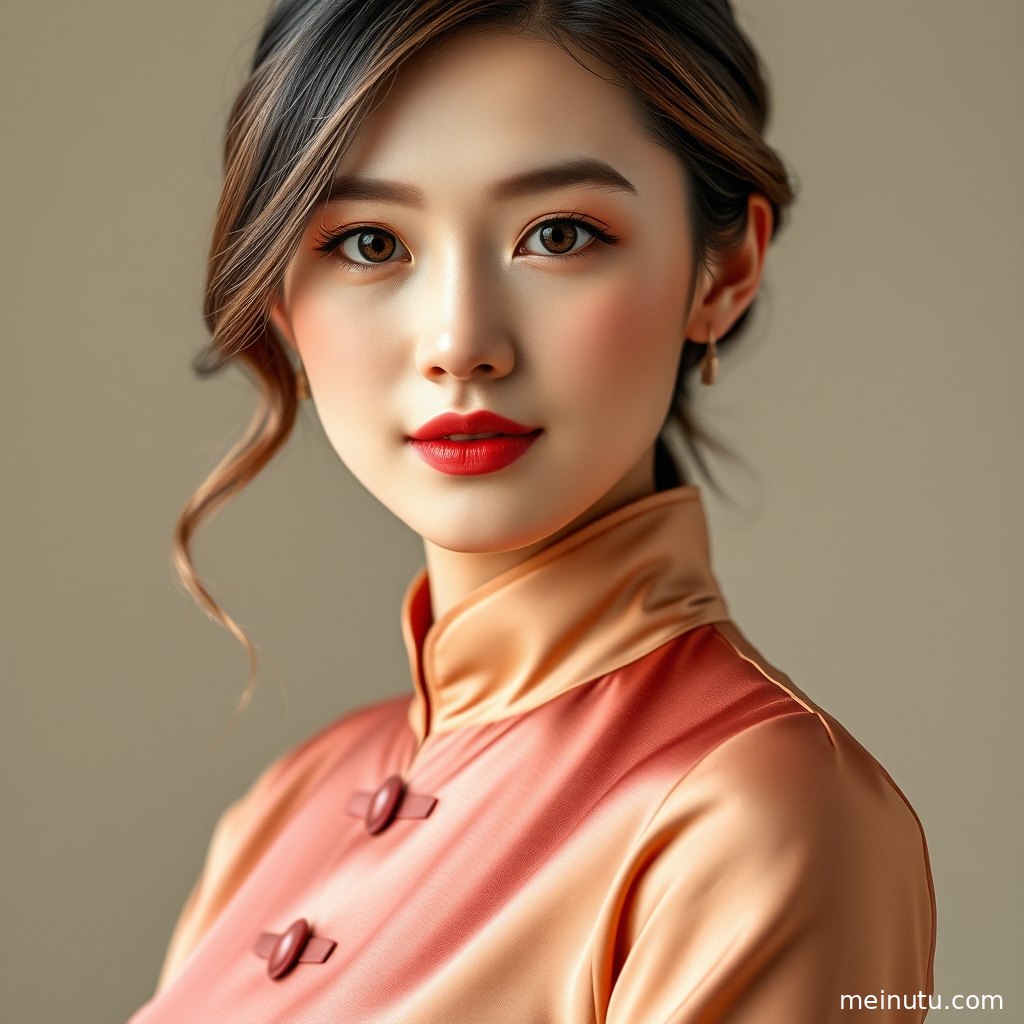 庭院绿植背景下的旗袍美女图片，改良版旗袍连衣裙呈现柔和光泽。