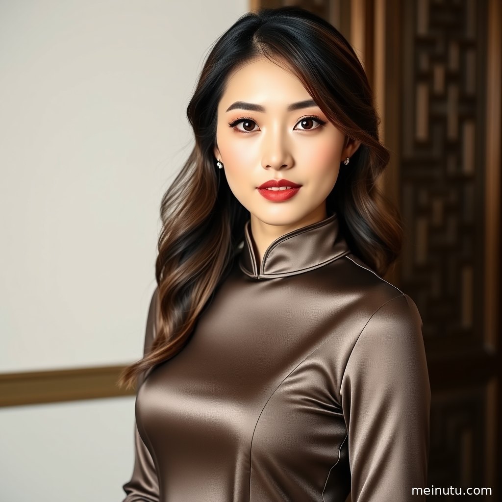 清透高光人像构图展示年轻成年女性的改良旗袍造型与雅致气质。