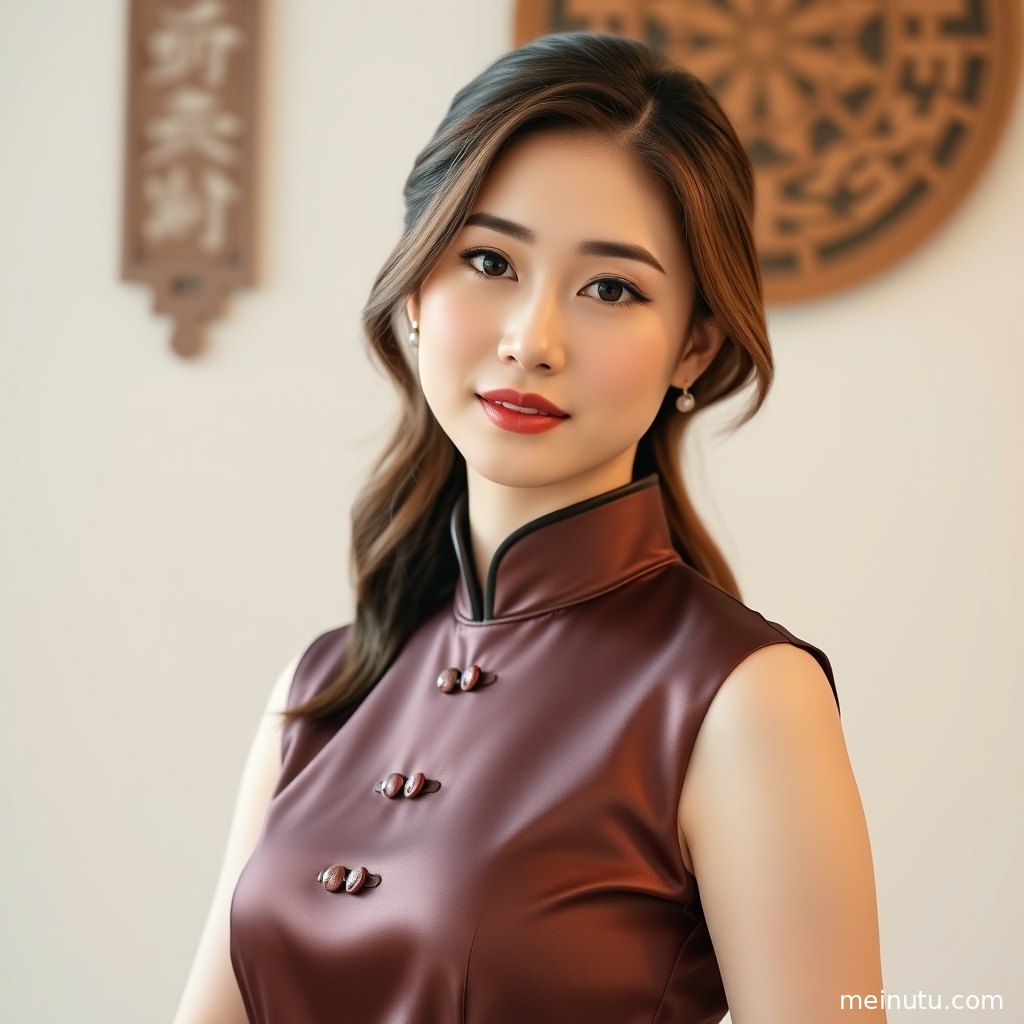 半身构图旗袍写真突出立领剪裁、细腻面料和庭院温柔氛围。