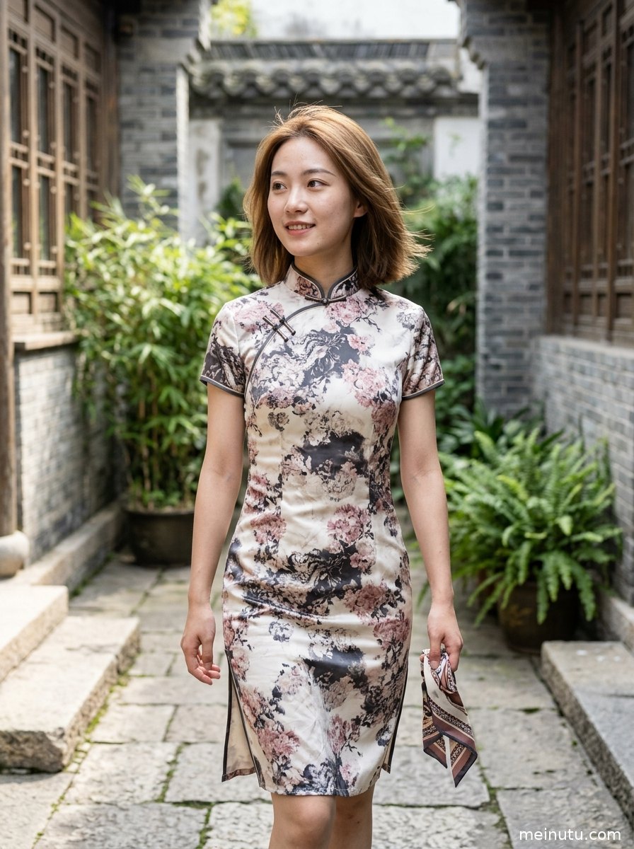 改良版旗袍连衣裙搭配立领盘扣，庭院花木背景下的旗袍美女图片
