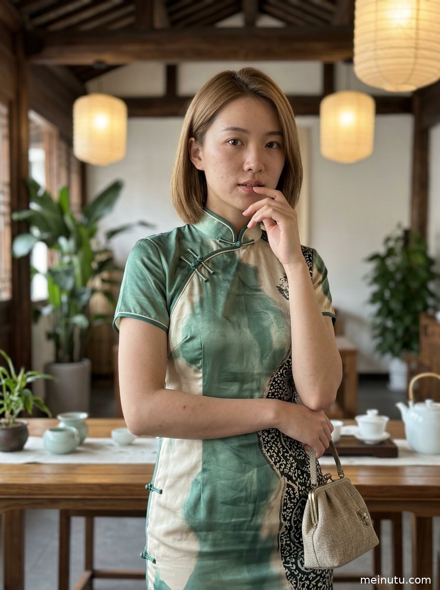庭院窗棂与绿植衬托改良版旗袍连衣裙，画面适合东方人像壁纸收藏