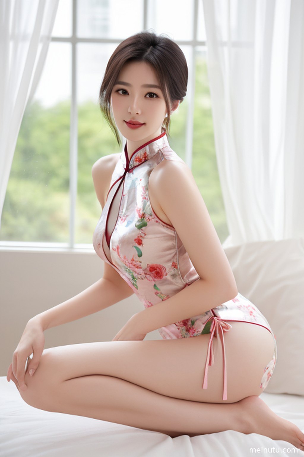 Elegant asian model in a courtyard qipao photoshoot, turning gently toward the camera with romantic light and shadow.