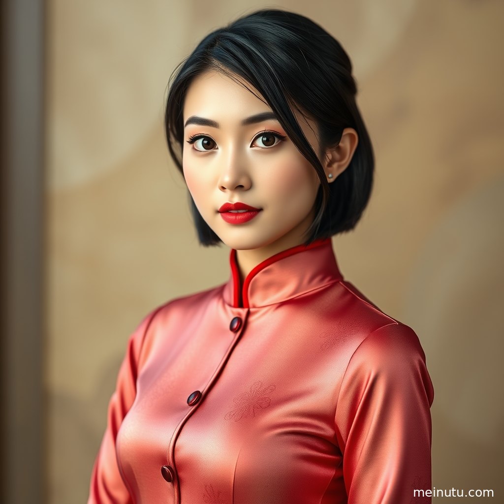 asian model演绎现代旗袍裁剪图风格，半身构图呈现细腻面料与柔和肤色。