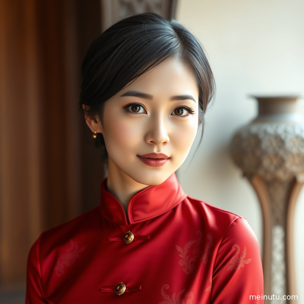 室内自然光旗袍美女图片，改良旗袍开衩与腰线设计清晰可见。