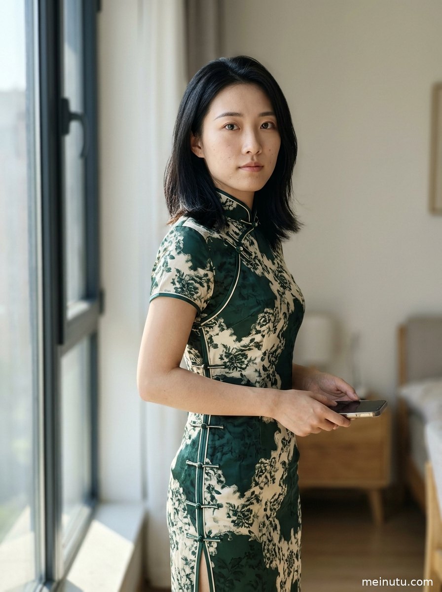 柔和逆光下的旗袍美女图片，立领盘扣与收腰剪裁突出优雅线条。