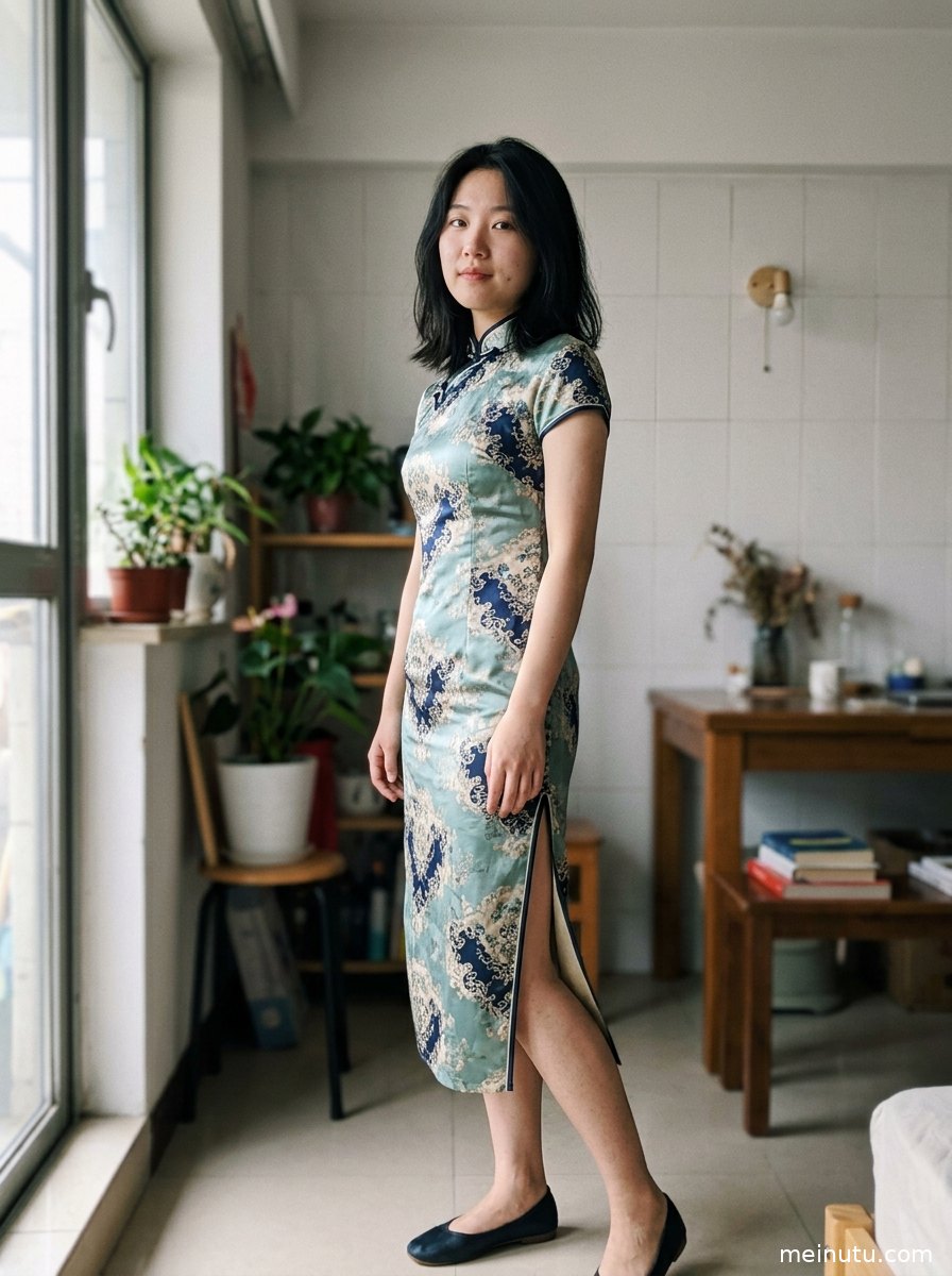 改良旗袍大摆连衣裙图集画面，明亮窗光营造温柔清新的写真氛围。