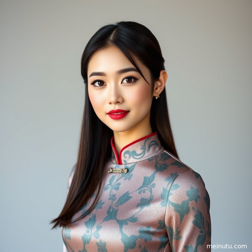 年轻成年女性穿改良旗袍连衣裙倚在窗边，柔和电影感光影勾勒侧脸轮廓。