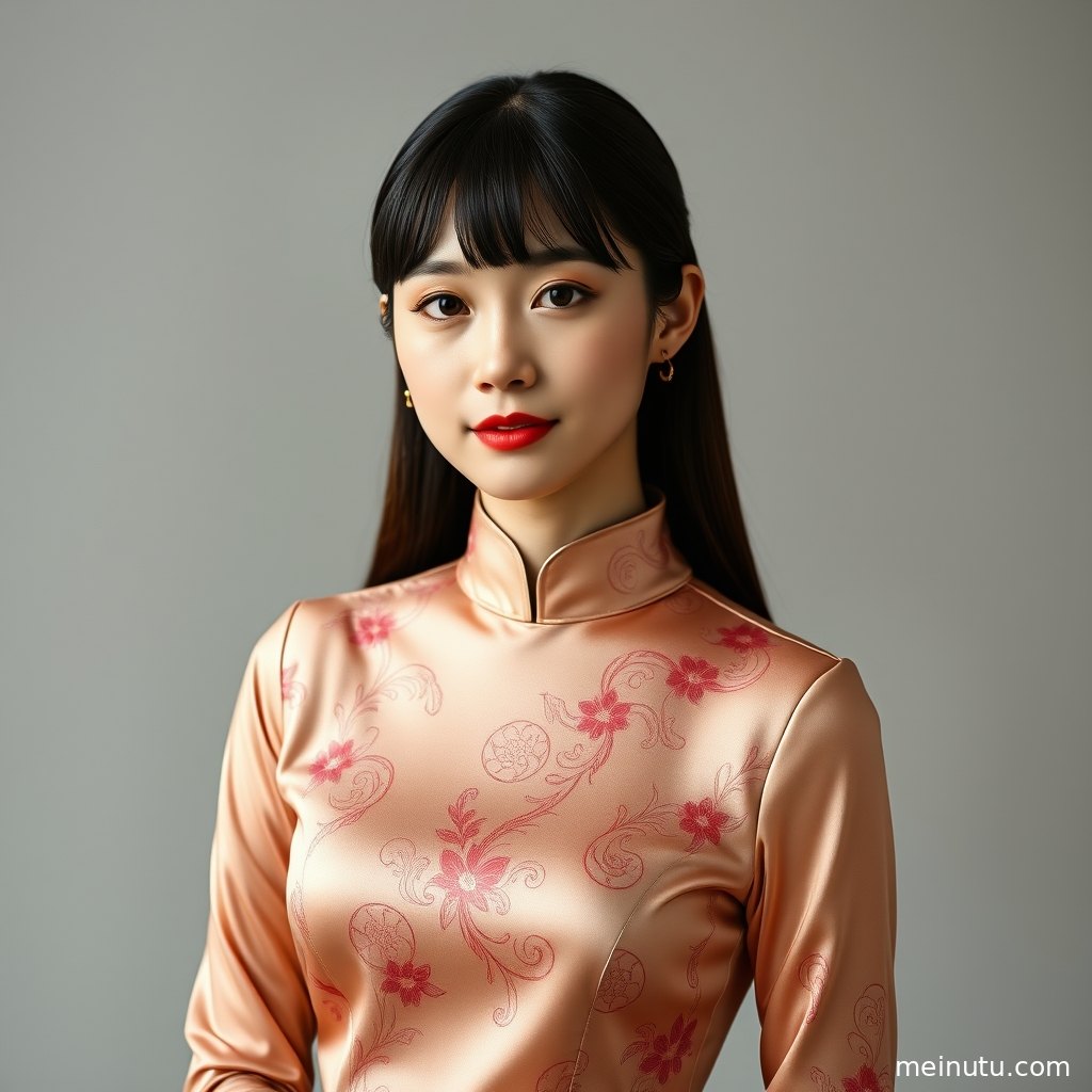 旗袍美女侧身回眸站在复古窗前，修身裙型与室内暖光形成优雅氛围。
