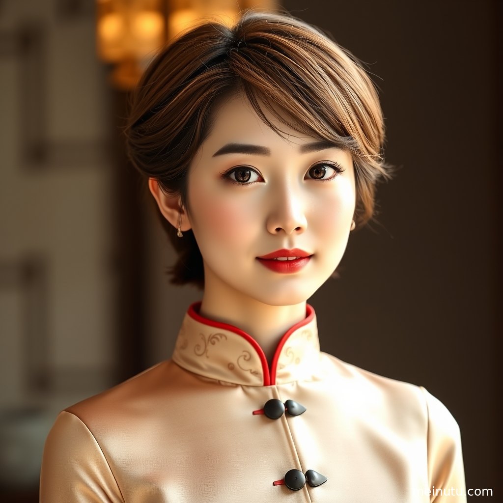 改良旗袍连衣裙写真中，成年女性侧身回眸，窗光映出复古氛围。